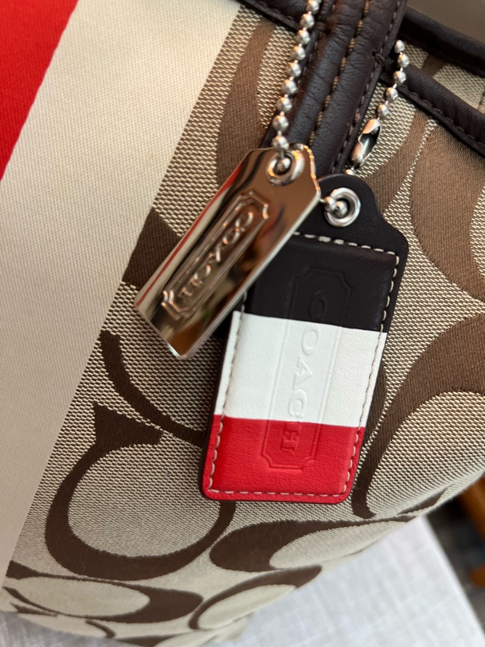 Coach Brown Signature Canvas Tote with Red and White Center Stripe - Picture 3 of 14